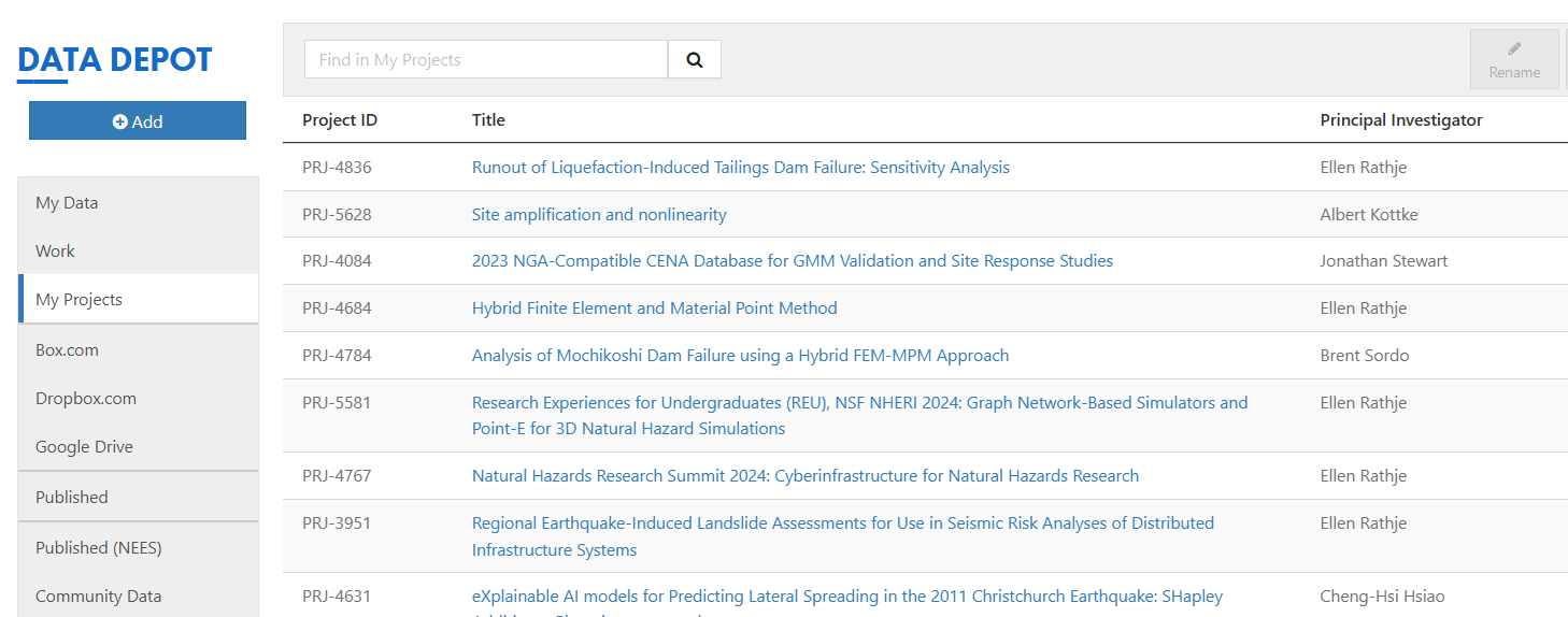 The Data Depot file browser showing My Data, Work, My Projects, cloud storage connections, and published collections in the sidebar, with a listing of shared research projects.