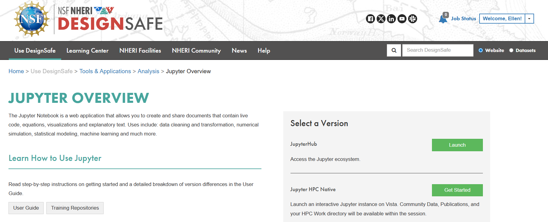 The DesignSafe Jupyter overview page, with launchers for JupyterHub and Jupyter HPC Native
