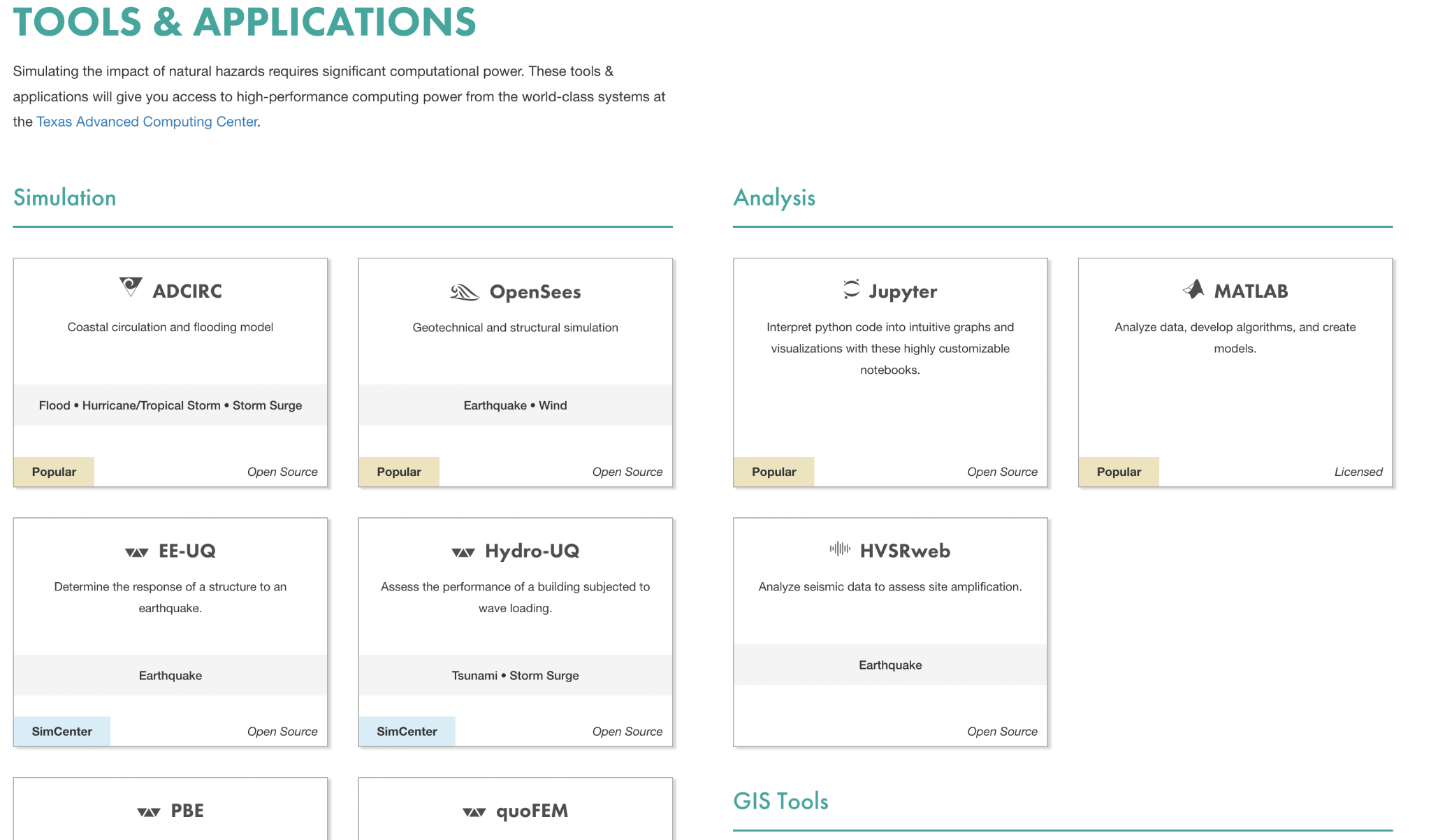 The DesignSafe Tools & Applications catalog, with simulation, analysis, and visualization apps