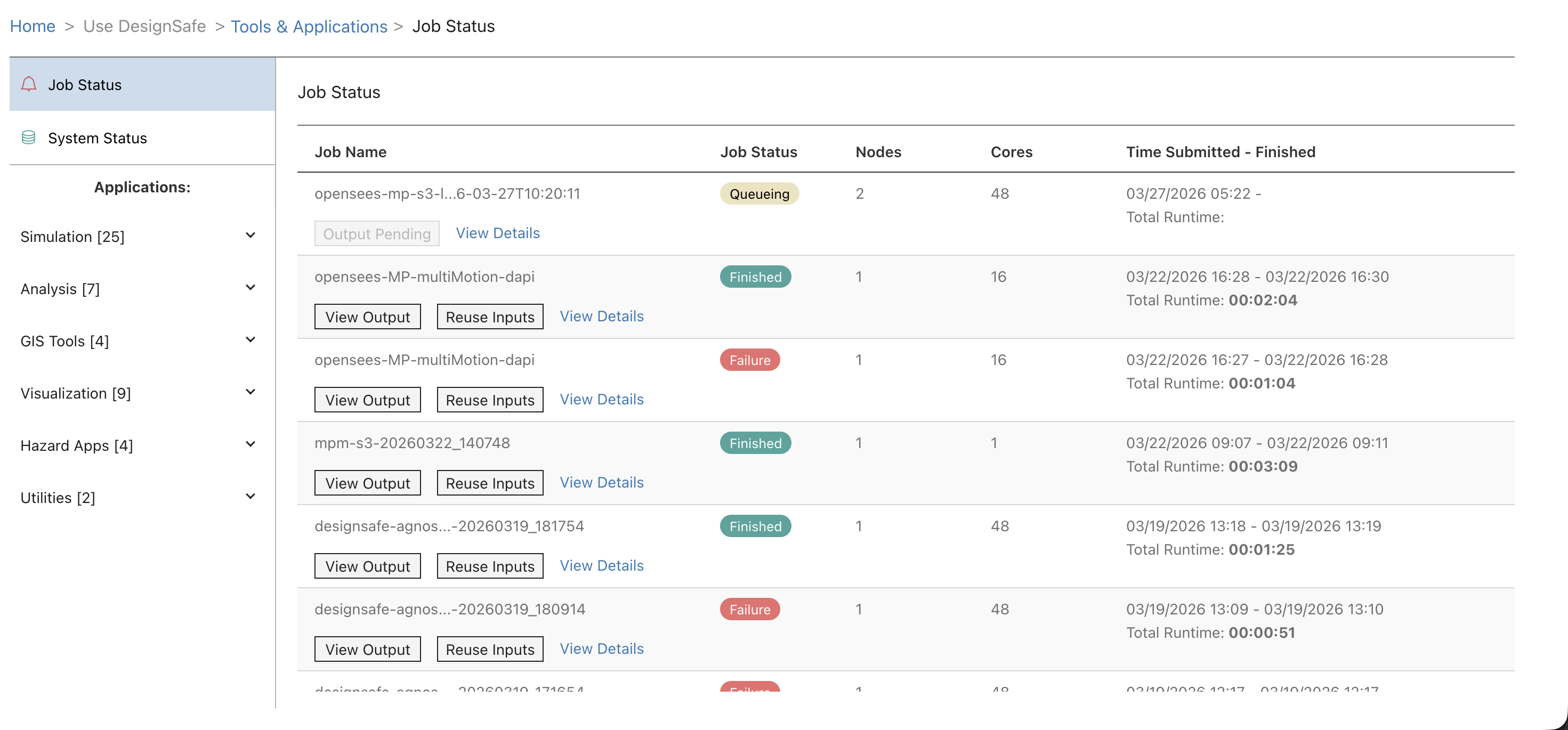 Job Status page showing submitted and completed jobs