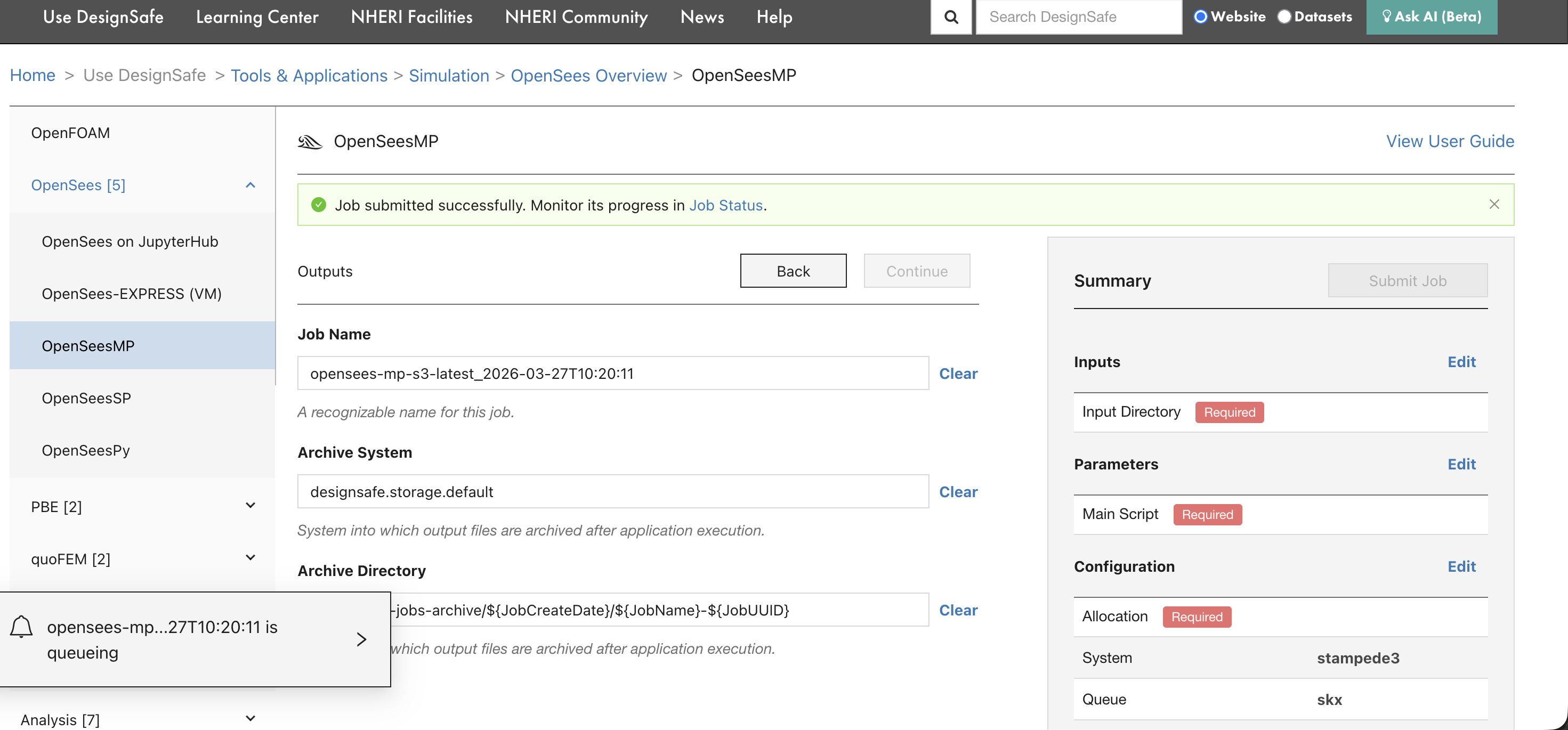 Job submitted successfully