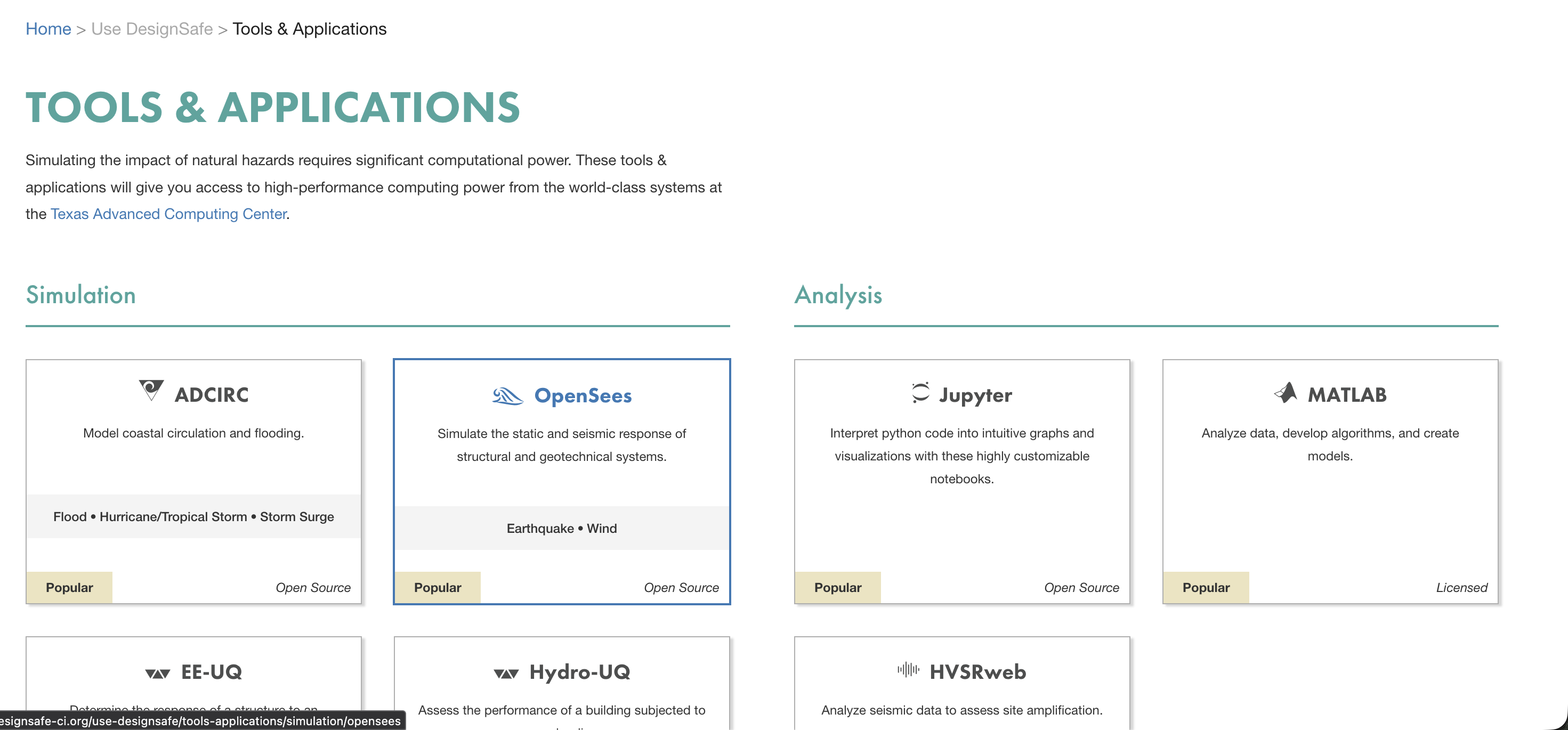 DesignSafe Tools & Applications page